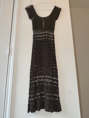 Cache Vintage Crochet Midi Dress Womens XS Black Gold Metallic Boho Coverup Sexy